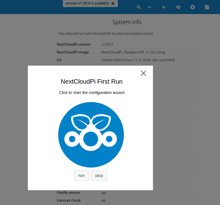 Image of the NextCloud configuration wizard.