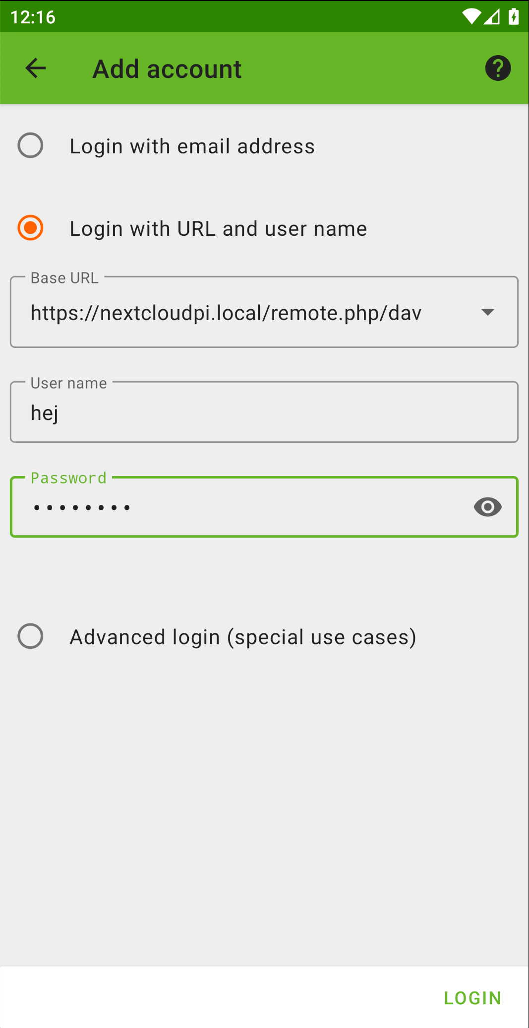 Image of the create account tab in NextCloud.