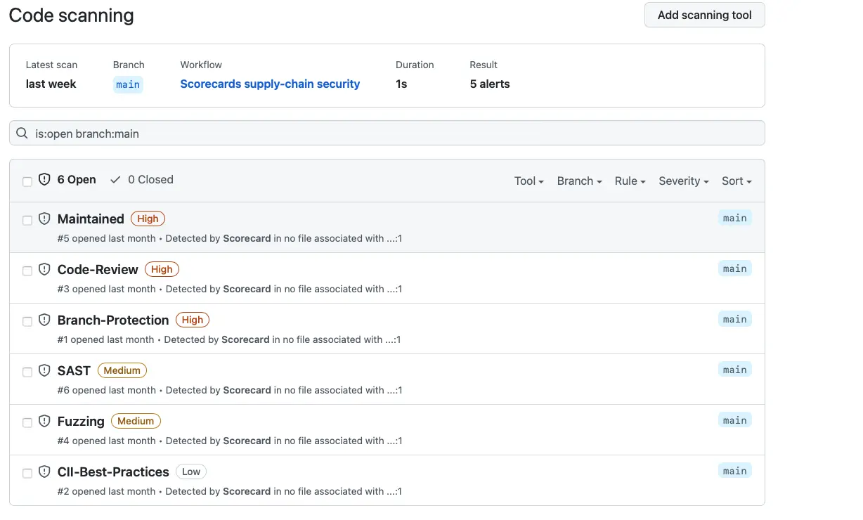 An example report of Scorecard in the Security section of a GitHub repository.