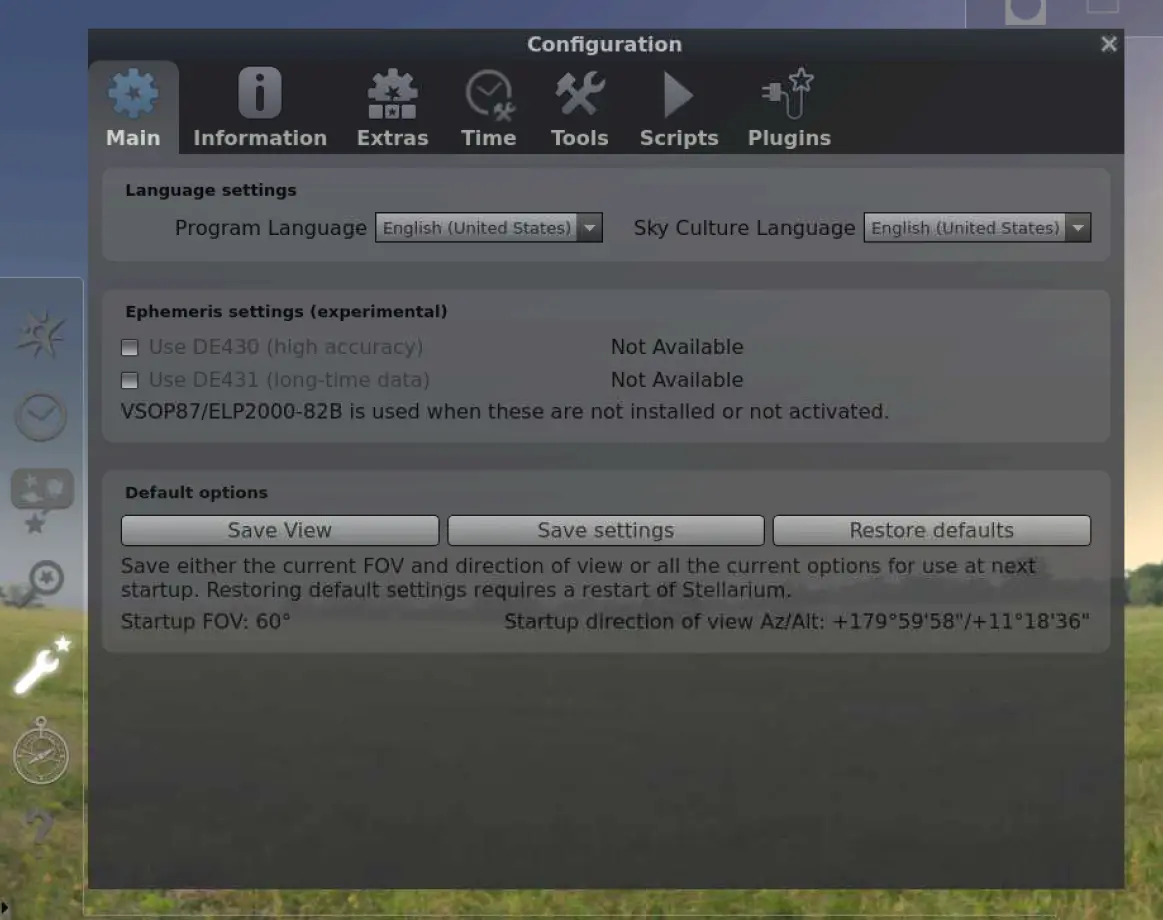 Configuration screen for Stellarium
