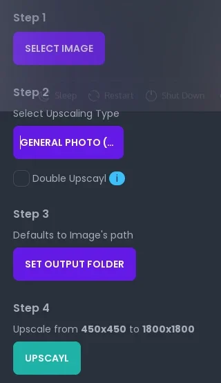 Το αριστερό πλαίσιο του Upscayl παρέχει σαφείς οδηγίες σχετικά με τα 4 βήματα που απαιτούνται για την αναβάθμιση μιας εικόνας.