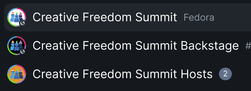 A screenshot showing three chat room listings in Element: Creative Freedom Summit with a white logo, Creative Freedom Summit Backstage with a black logo, and Creative Freedom Summit Hosts with an orange logo