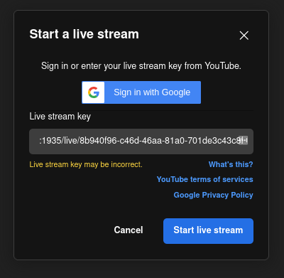 Screenshot of copying and pasting the livestream key