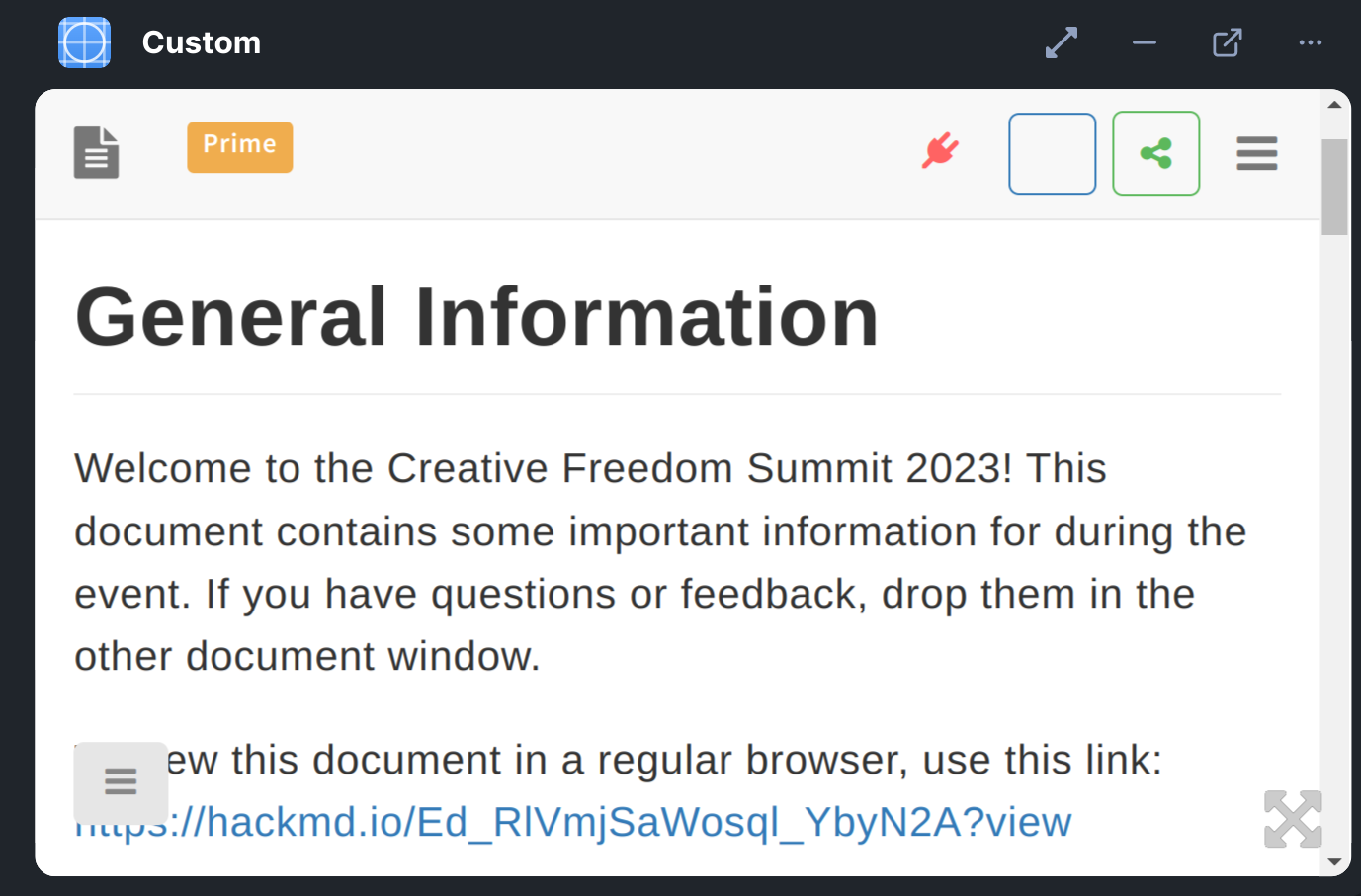 Screenshot of an etherpad titled "General information" that has some info about the Creative Freedom Summit
