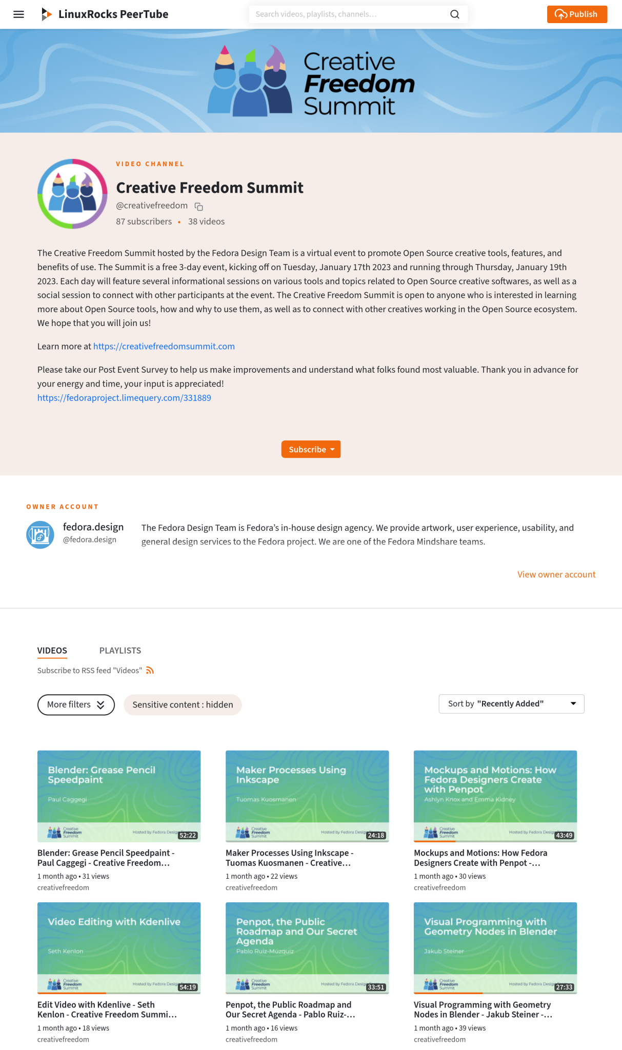Screenshot showing the Creative Freedom Summit PeerTube channel, with the logo, a description of the event, and a set of video thumbnails