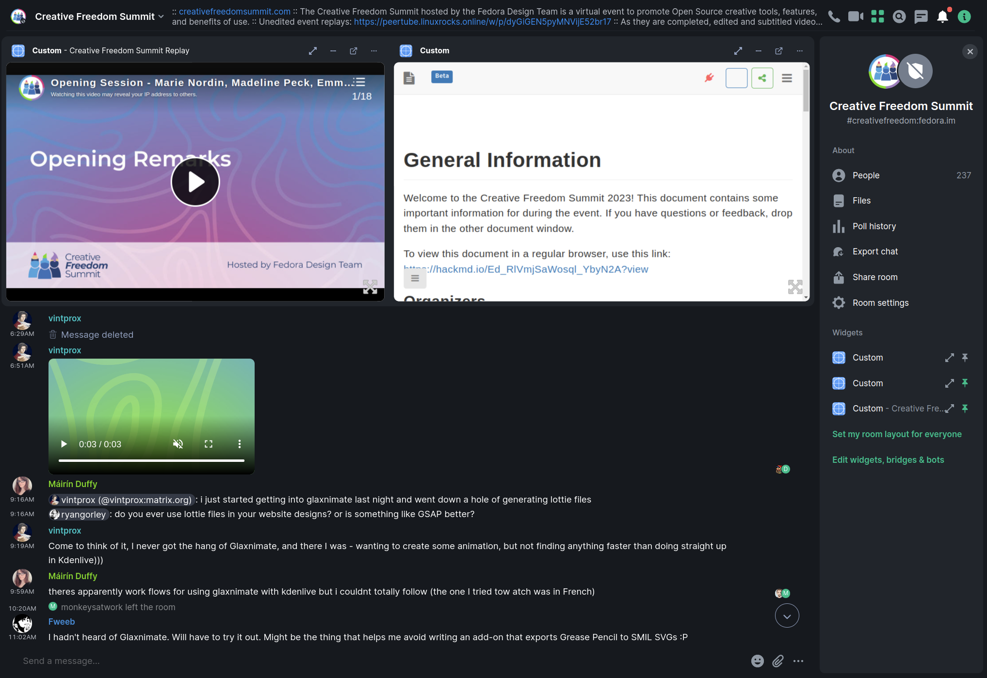 A video feed is in the upper left corner, a hackmd.io announcement page in the upper right, and an active chat below.