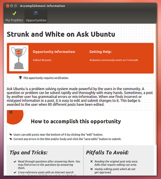 screenshot from Ubuntu Accomplishments system