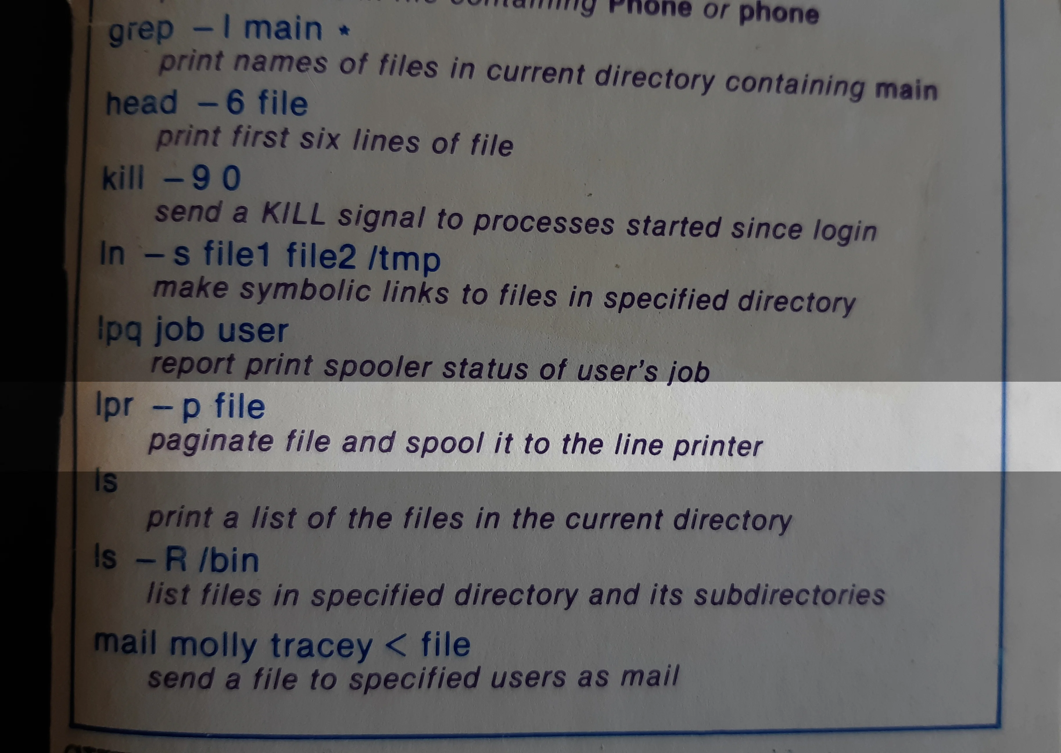 book page displaying lpr command information