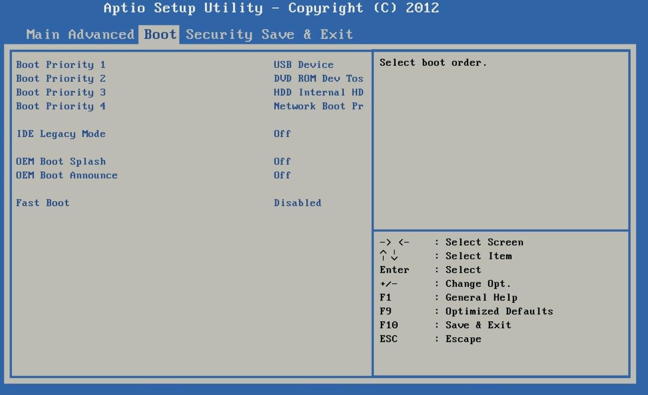BIOS selection screen