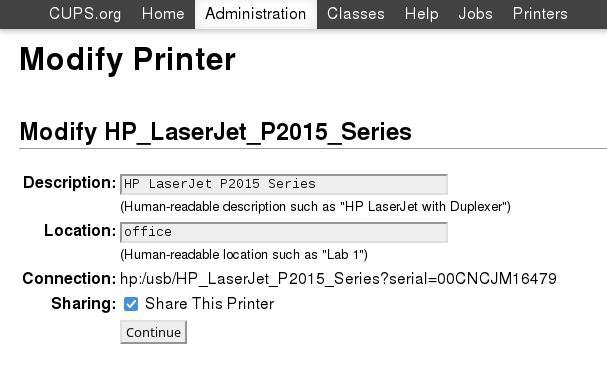 CUPS web UI to share printers