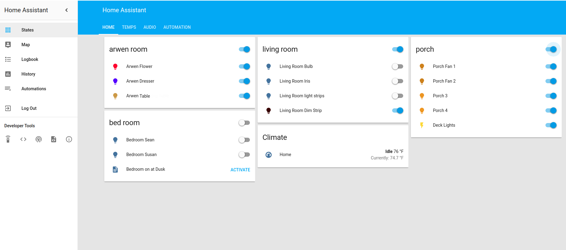 Home Assistant Polymer UI. Notice Hue bulb icons match the color the bulbs currently are.