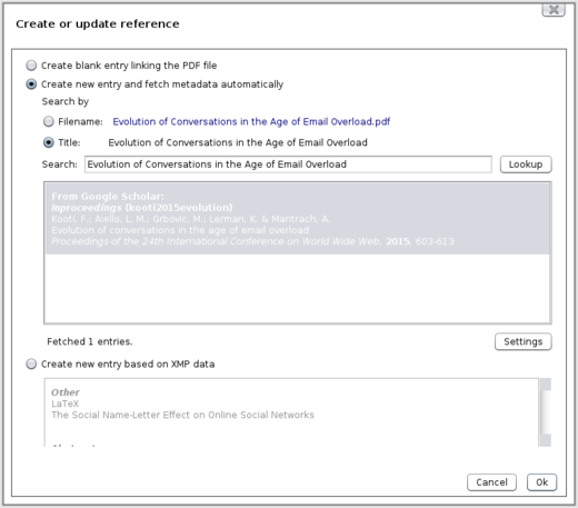 Docear Create or update reference Dialog