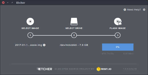 An image showing the Etcher application running on Ubuntu 16.04, writing an image to the microSD card.