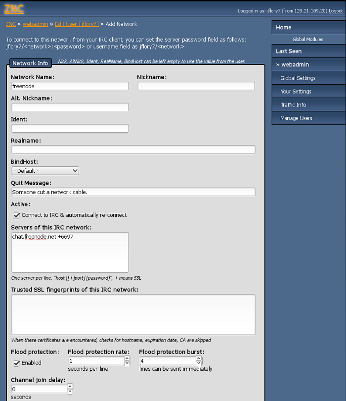 Your window will look similar to this for adding an IRC network.