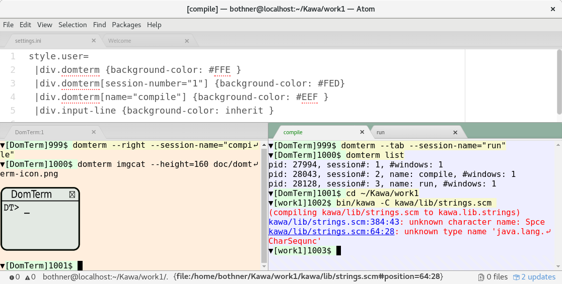 DomTerm terminal panes in Atom editor