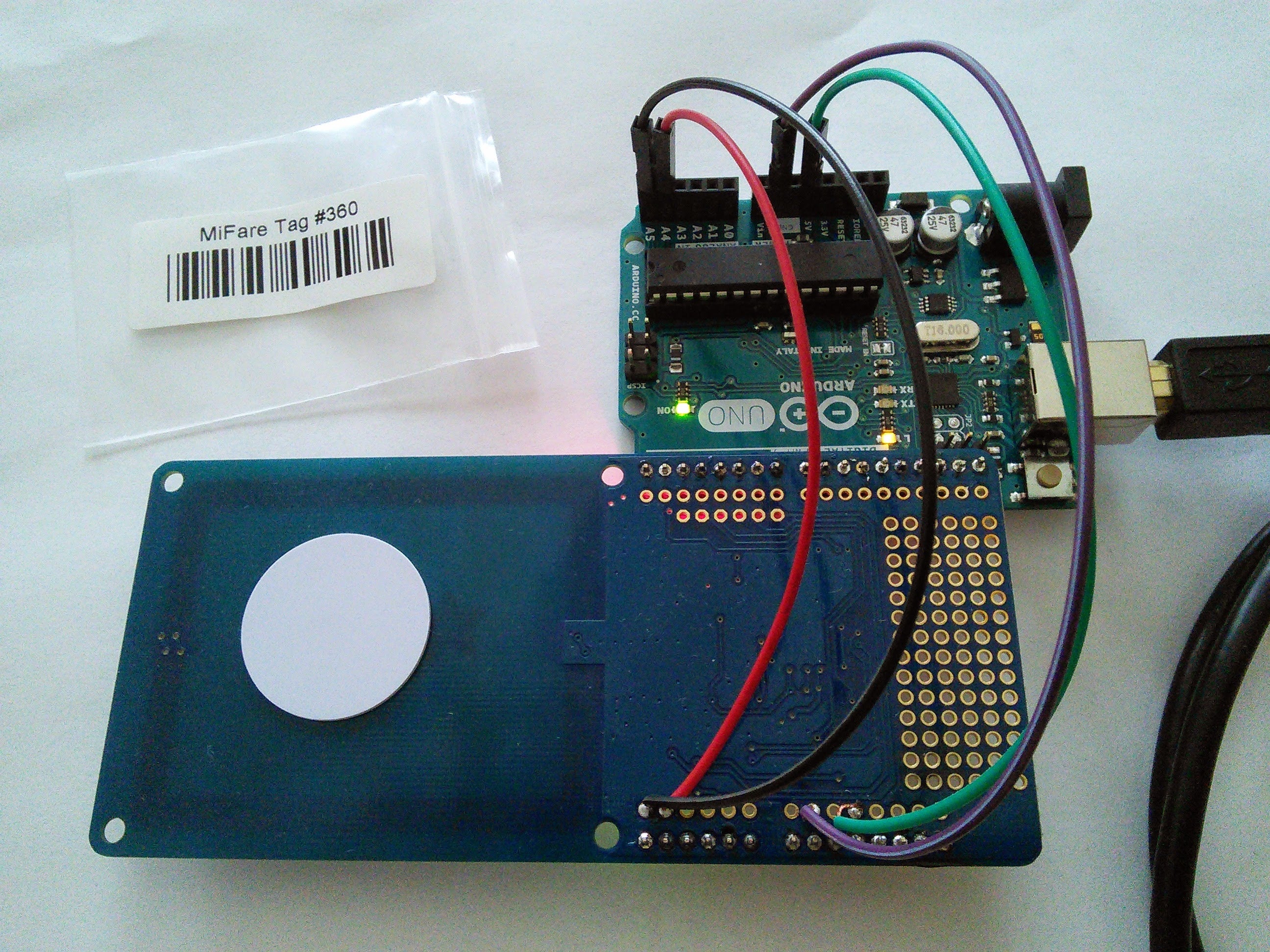 Physical set up of the shield while writing an RFID tag.