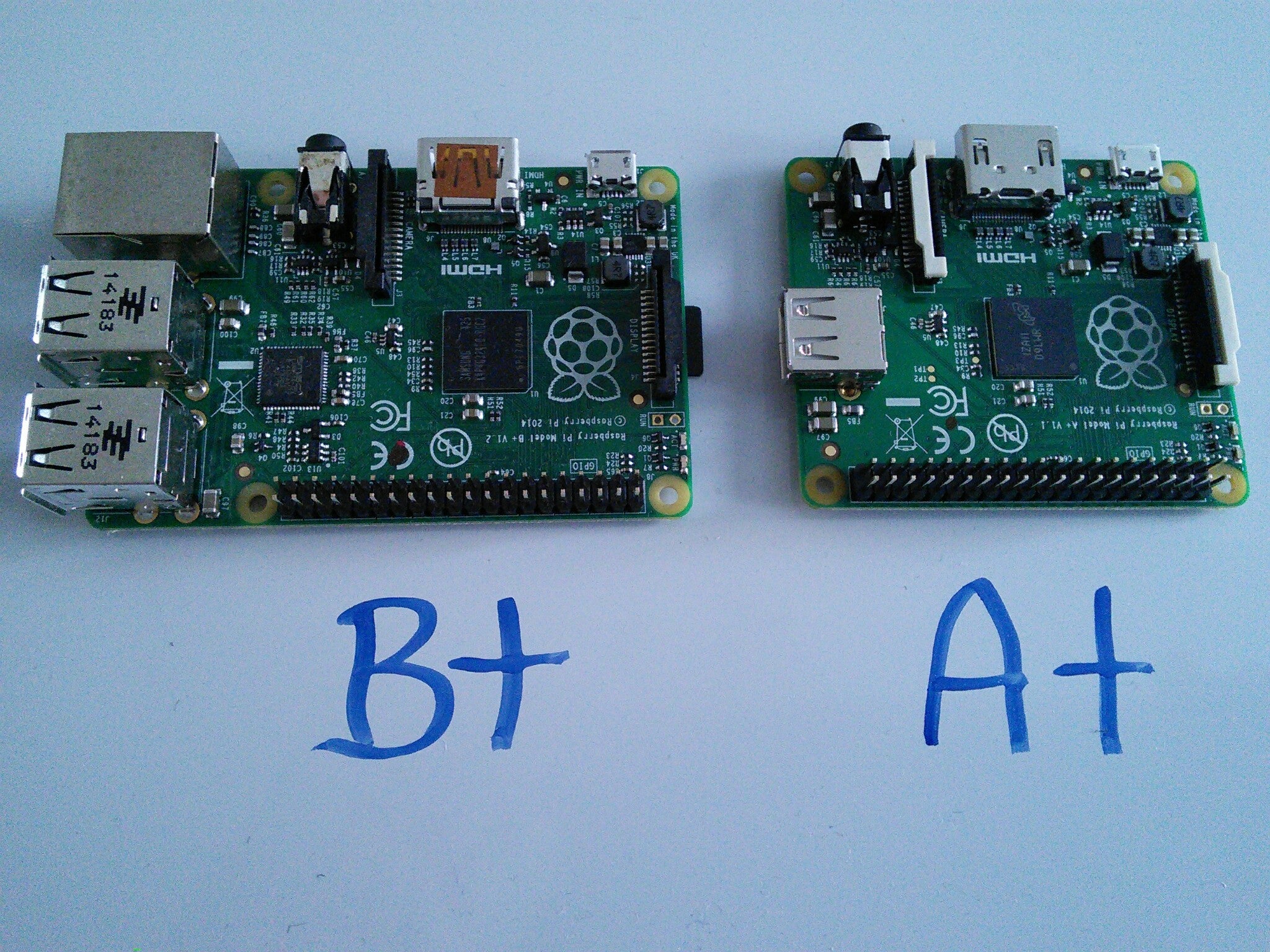 Side by side picture of Raspberry Pi B+ and A+