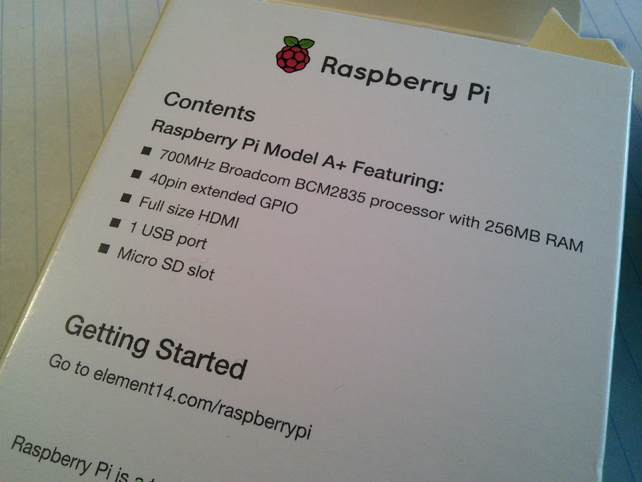 Back of the Raspberry Pi A+ box, with list of specifications.