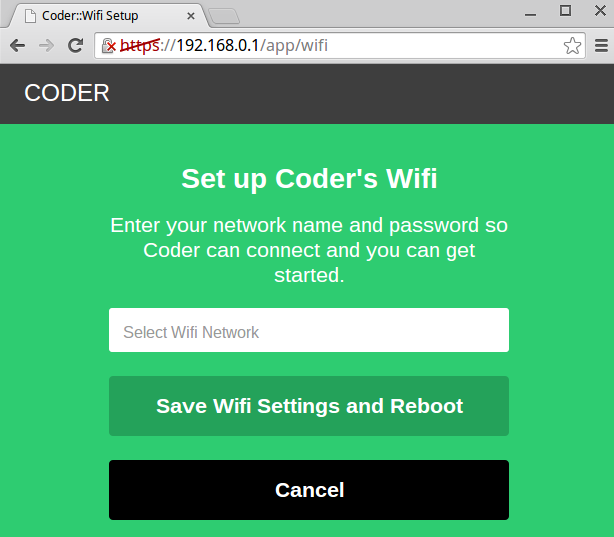 Screenshot of the WiFi configuration page in Coder.