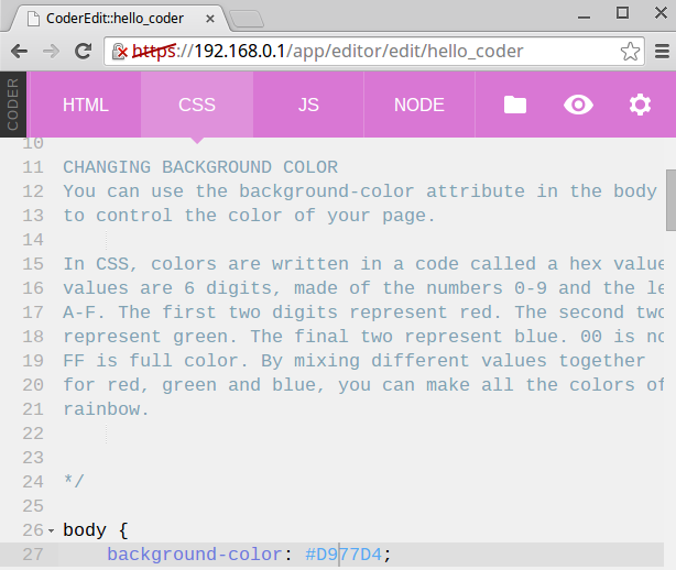 Screenshot of CSS editing page in Coder