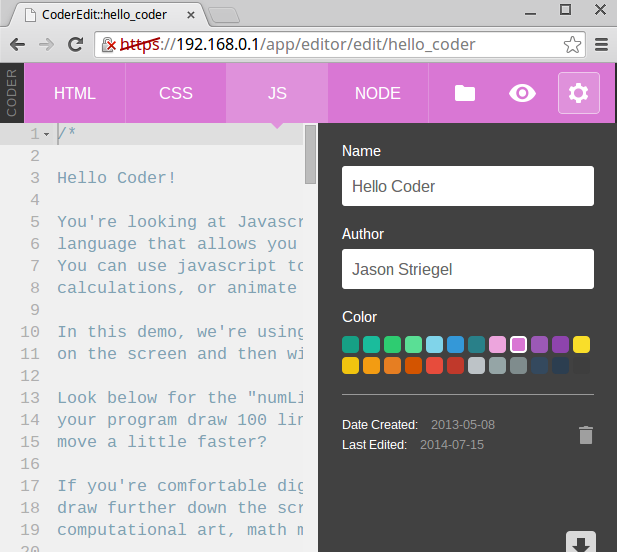 Screenshot of JavaScript editing page in Coder.