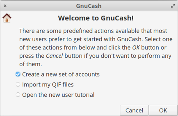 GnuCash Welcome screen