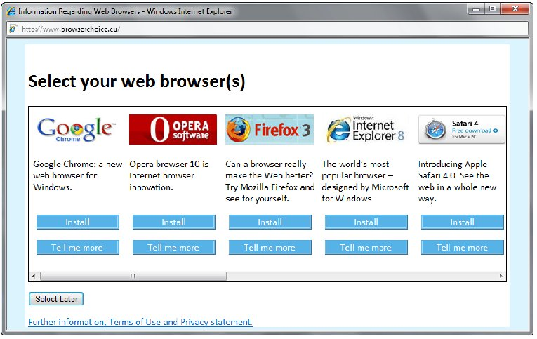 Browser Ballot Screen Submitted to  European Commission in Annex B & C of Microsoft’s Proposal