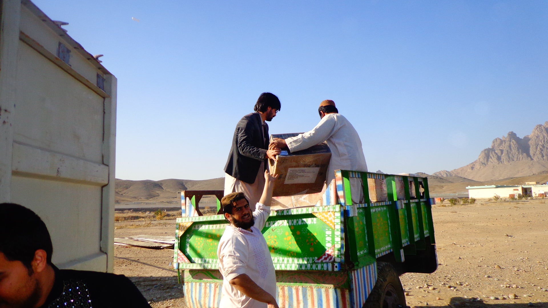 Picture from the arrival of the hardware for the IT center in Kandahar (ITCQ)