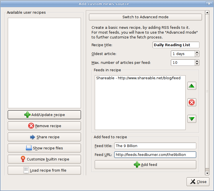 Example of a feed recipe in calibre