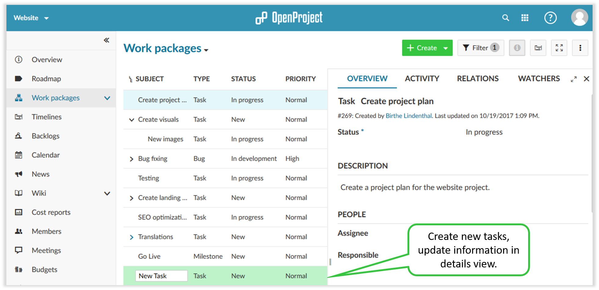 create and update work packages in openproject