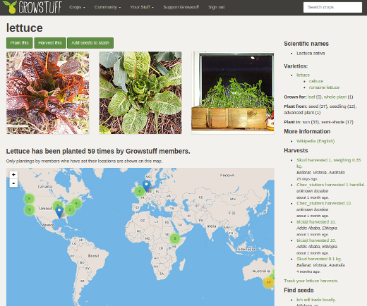 Growstuff website page with information about lettuce