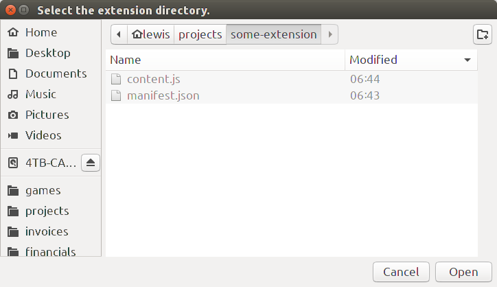 Chromium path showing extension files