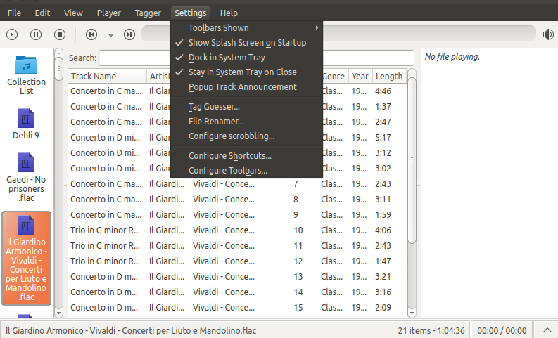 JuK settings menu