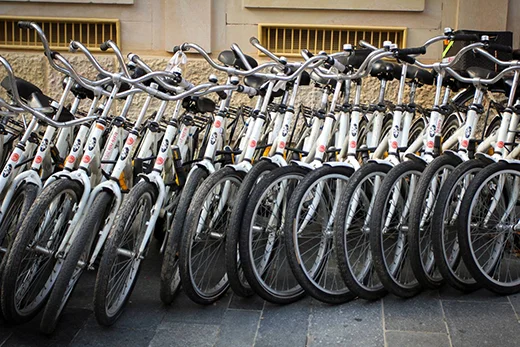 Bikes in a line for Bike Share program