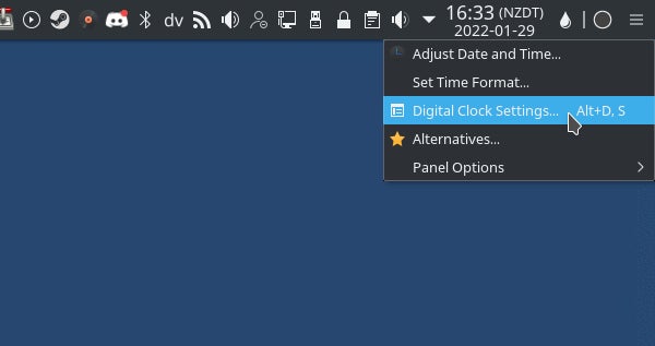 KDE digital clock settings
