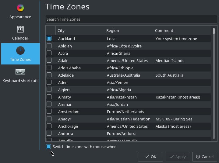 Time zones in KDE Settings
