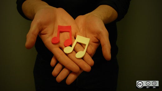 Two hands holding musical notes