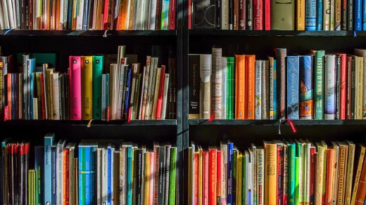 books on shelves in a library, colorful