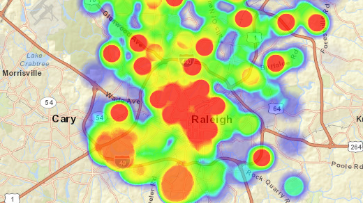 Heat map of Raleigh open permit data