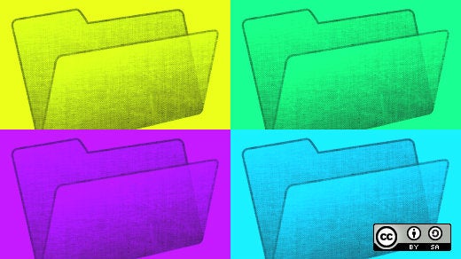 4 manilla folders, yellow, green, purple, blue