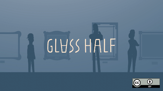 Glass half full with three people and a blue background