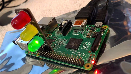 Pi Traffic Light plugged into a Raspberry Pi