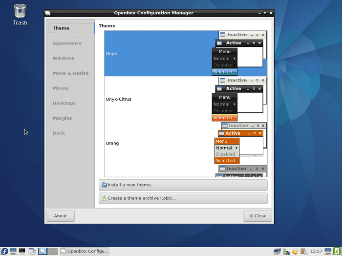 The LXDE desktop with the Openbox Configuration Manager open.