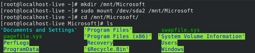 outpust screenshot: sudo mount /dev/sda2 /mnt/Microsoft/