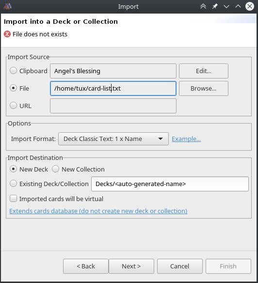 Sample entry field for importing cards into a deck or collection