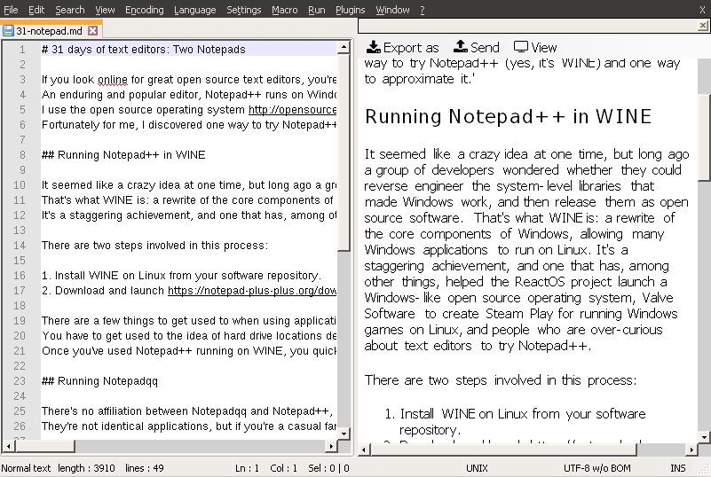 Notepad++ running in WINE on Linux