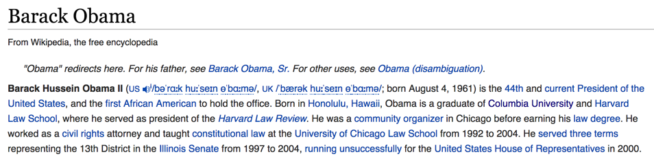Wikipedia entry for Barak Obama