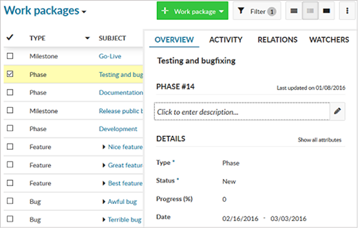 OpenProject work packages split view screenshot