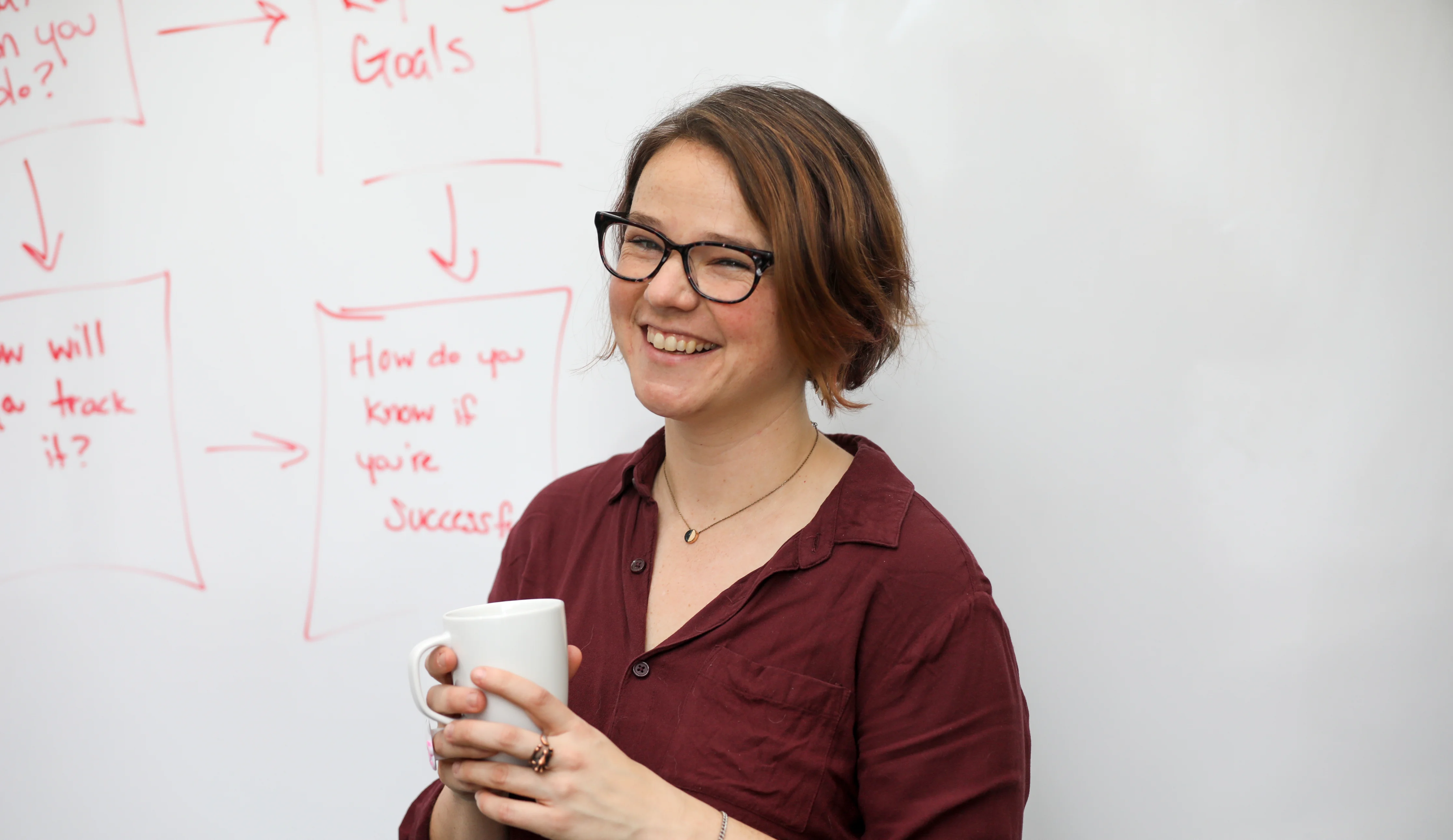 me, in front of a white board with Libby boxes behind me, holding a cup of coffee.