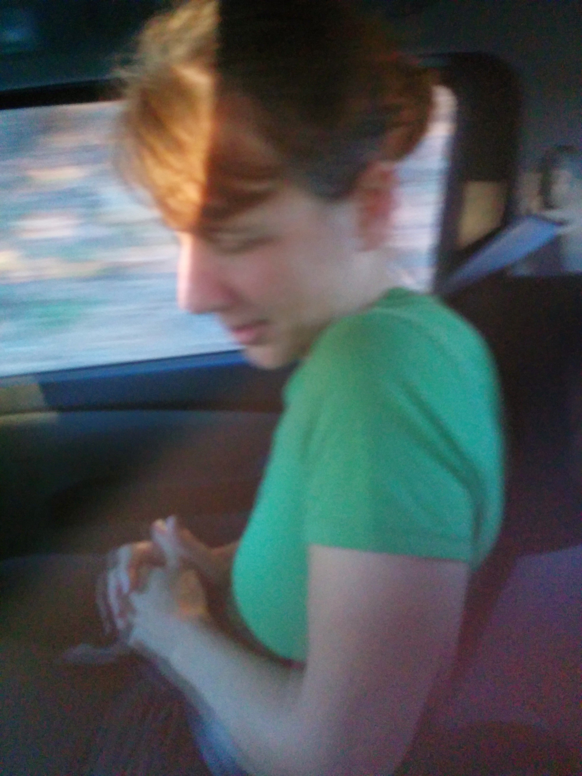 Blurry profile photo of Kristen Pol that her son took while in the car. She's wearing a green shirt and her hair looks reddish brown.
